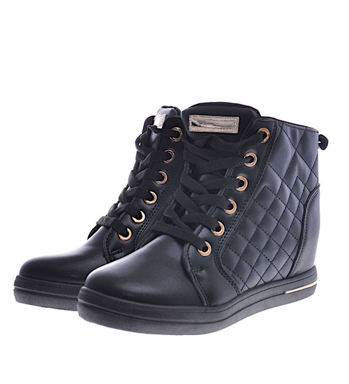 Czarne klasyczne sneakersy damskie na koturnie /E9-2 12825 T699/