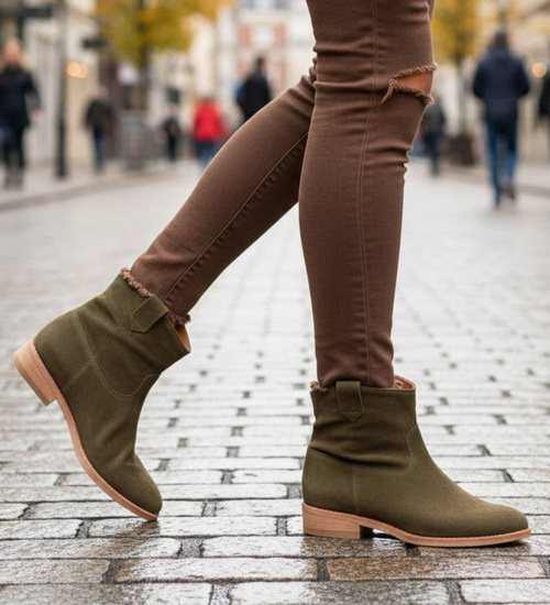 Botki damskie Lekko ocieplone Khaki /G6-2+H2 16899 T184/