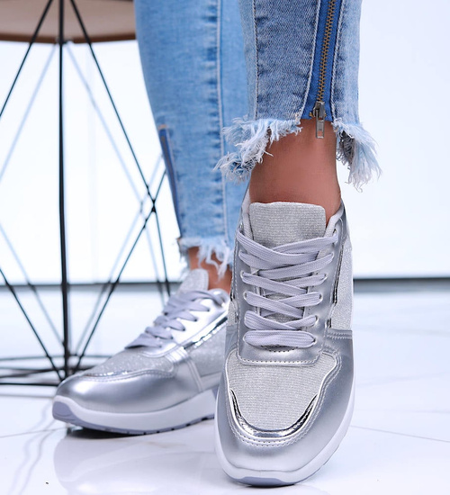 Wiązane srebrne buty sportowe damskie /F4-2 16077 G283/