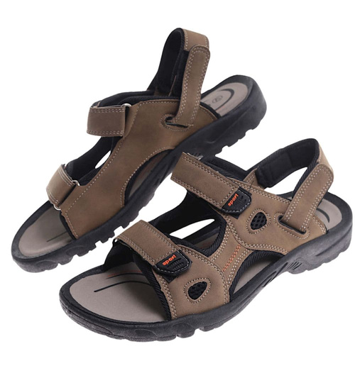 Męskie brązowe sandały klapki na rzepy /E9-2 17638 T284/