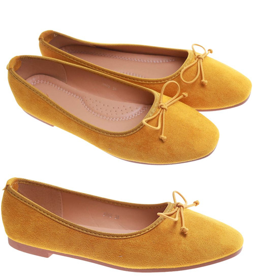 Zamszowe żółte baleriny damskie z kokardą /E2-2 17544 G133/