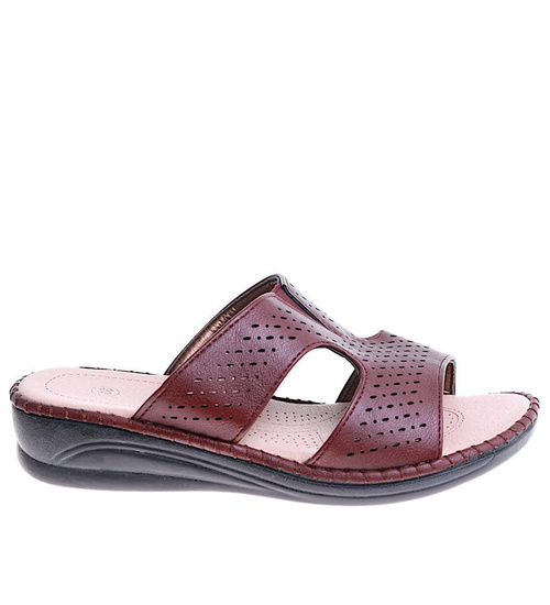 Bordowe damskie klapki na niskim płaskim obcasie /G9-2 16139 T280/