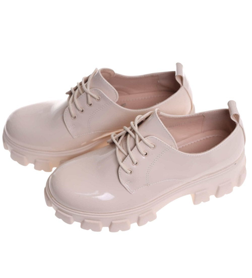 Beżowe półbuty loafersy na platformie /i6-2 18489 W12-3/