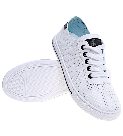 Ażurowe sznurowane biało czarne tenisówki damskie /E2-2 16241 G282/