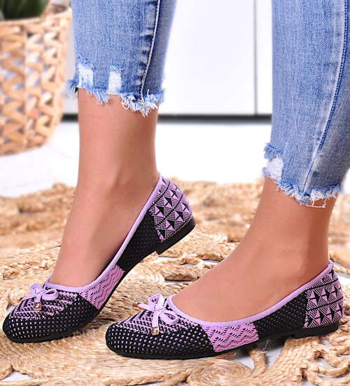 Ażurowe balerinki czarno-fioletowe z kokardką /F1-2 7483 S098/