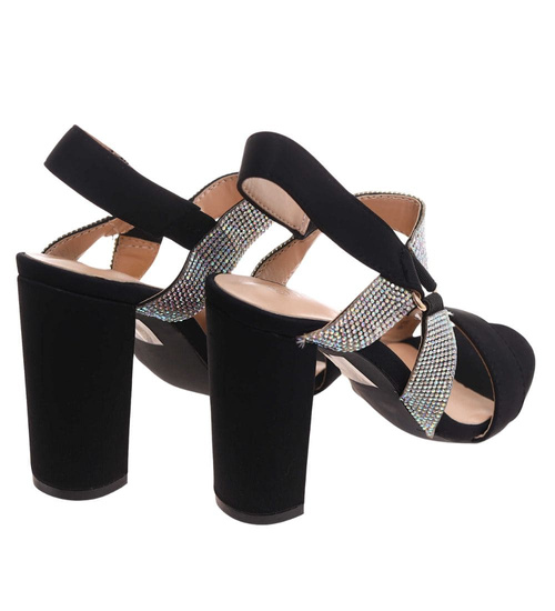 Czarne damskie sandały na słupku z cyrkoniami /B2-1 16084 G18-45/