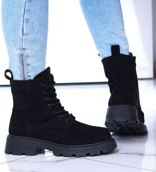 Wiązane damskie czarne botki trapery /F2-1 15146 T428/ Wiązane damskie czarne botki trapery /F2-1 15146 T428/