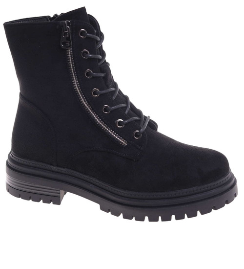 Czarne sznurowane botki trapery zamszowe /G8-3 18503 T444/