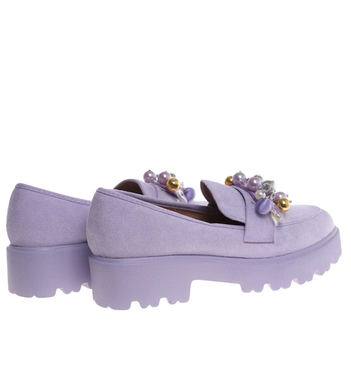 Fioletowe półbuty loafersy na platformie z kamieniami /B3-2 18485 T203/