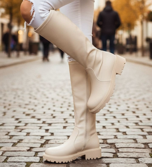 Beżowe kozaki damskie z suwakiem /D8-3 18134 T397/