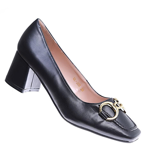 Kobiece czarne czółenka damskie na klocku /G1-3 15250 T293/