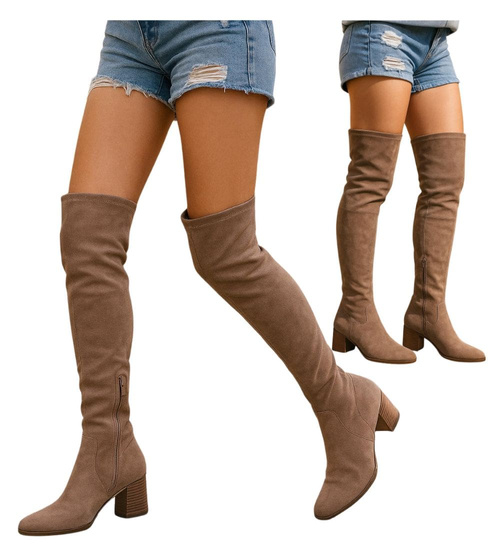 Beżowe kozaki muszkieterki na obcasie /D8-2 18256 W488/