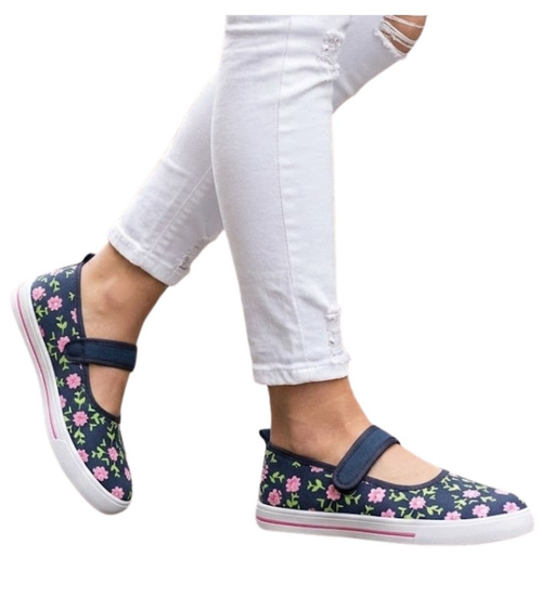 Materiałowe granatowe baleriny na rzepy /G13-1 16571  T187/