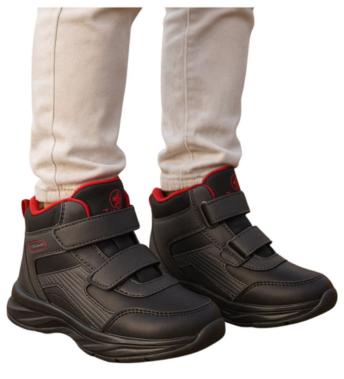 Ocieplane półbuty na rzepy Czarno czerwony /A8-2 18361 T285/