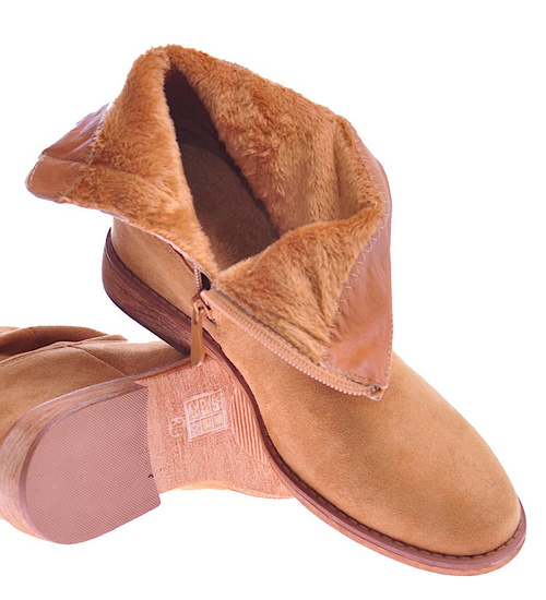 Zamszowe botki damskie na niskim koturnie Camel /F6-2 3961 T296/