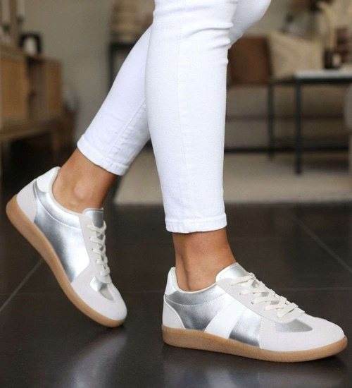 Beżowo srebrne sznurowane sneakersy /G8-1 18727 T177/