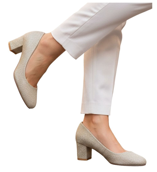 Wizytowe złote czółenka na klocku /G4-2 18634 T357/