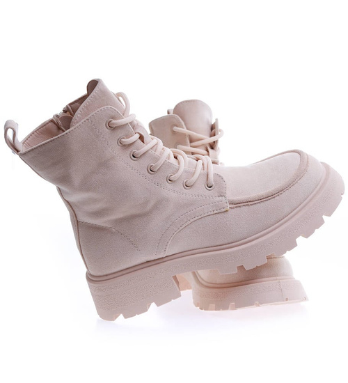 Wiązane damskie beżowe botki trapery /E4-3 15182 T428/