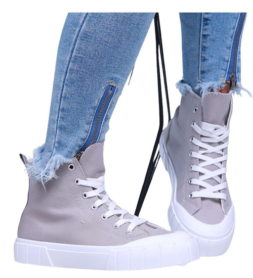 Szare wysokie trampki damskie z tkaniny /A3-2 15962 G157/