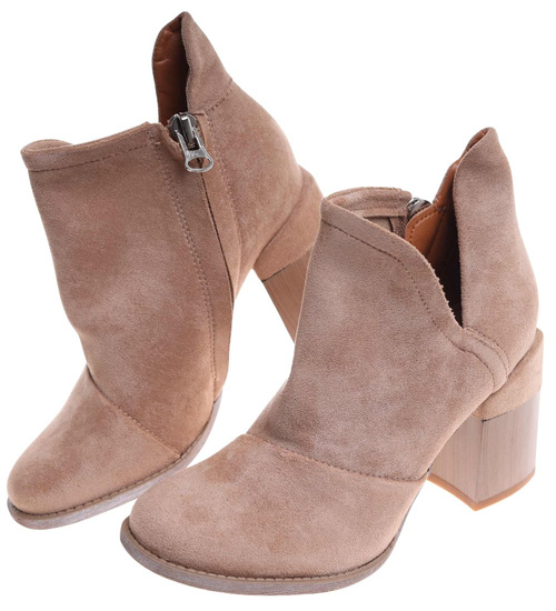 Botki damskie na szerokim słupku Khaki /D1-2 +H2 7050 T198/