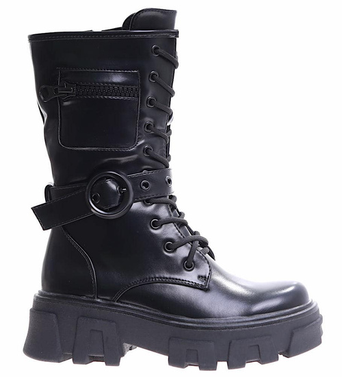 Wiązane glany trapery na platformie Czarne /B3-1 17018 T312/