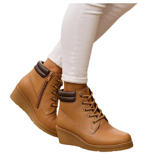 Kamelowe sznurowane botki na niskim koturnie /a10-2 +H2 16624 T7-38/