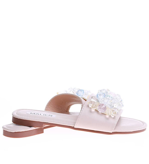 Beżowe płaskie klapki damskie z kamieniami /C6-2 16164 T287/