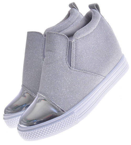 Dziewczęce trampki na niskim koturnie SREBRNE /B1-3 4300 S174/