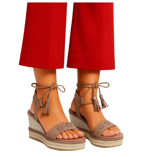 Sandały na koturnie i platformie Khaki /G2-3 14059 S290/