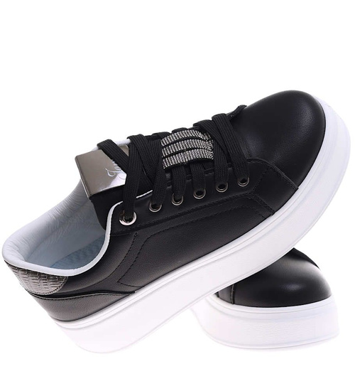 Czarne sznurowane damskie trampki na platformie /F6-2 16234 G360/