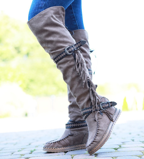 Wysokie kozaki boho na ukrytym koturnie Khaki /D2-1 14926  T239/