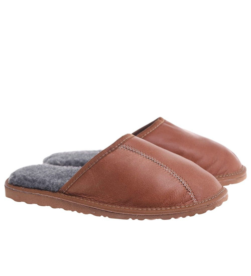 Skórzane kapcie męskie z wełną Brązowe /G8-1 18468 S197/