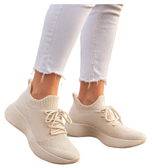 Beżowe buty sportowe na niskim koturnie i platformie /F5-2 13540 T236/