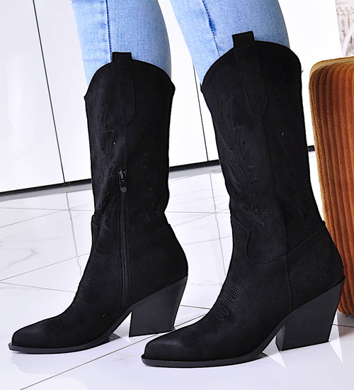 Czarne kozaki damskie na słupku zamszowe /G5-3 12507 T104/