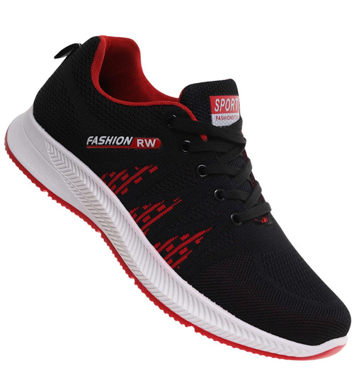 Wiązane czarno czerwone buty sportowe /F7-1 17996 T299/