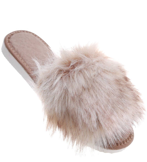 Beżowe damskie klapki z kudłatym futerkiem Premium /G8-1 11405 S292/