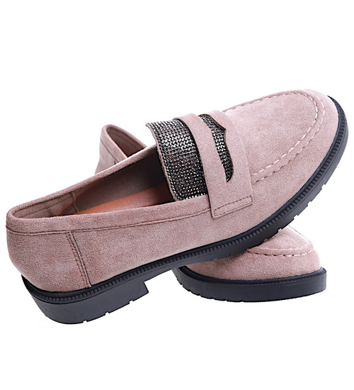 Beżowe zamszowe półbuty loafersy na niskim obcasie /F8-3 15476 T386/