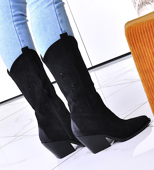 Czarne kozaki damskie na słupku zamszowe /G5-3 12507 T104/