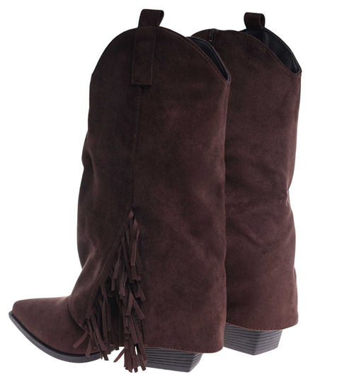 Krótkie czekoladowe kozaki boho na obcasie /B6-2 18580 G688/