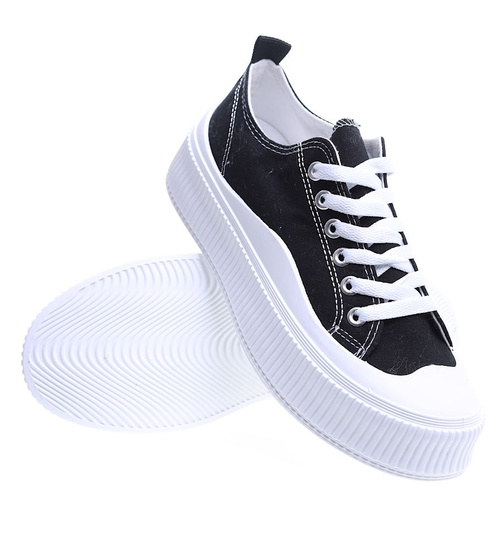 Sznurowane czarne trampki damskie na platformie /B7-1 15678 T182/