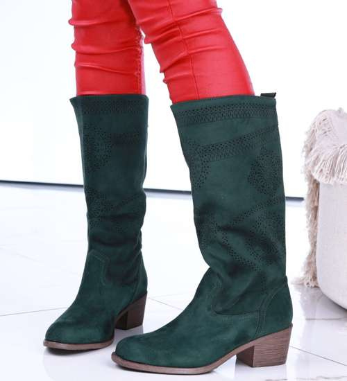 Ażurowe zielone wiosenne kozaki na klocku /G2-2 13528A W493/