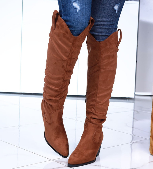 Camelowe kozaki damskie na słupku /F3-2 15002 T633/