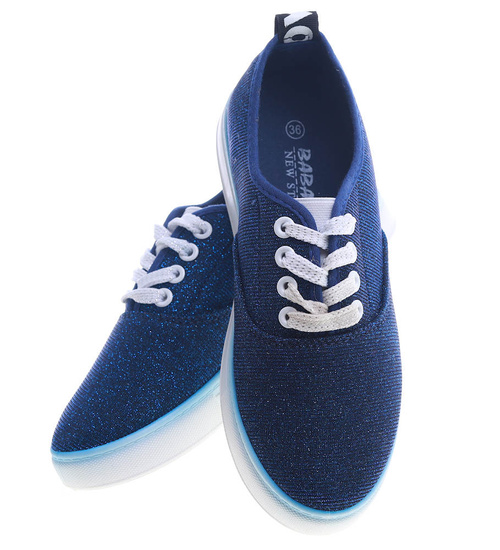 Granatowe trampki z błyszczącej tkaniny /E7-3 13402 S078/