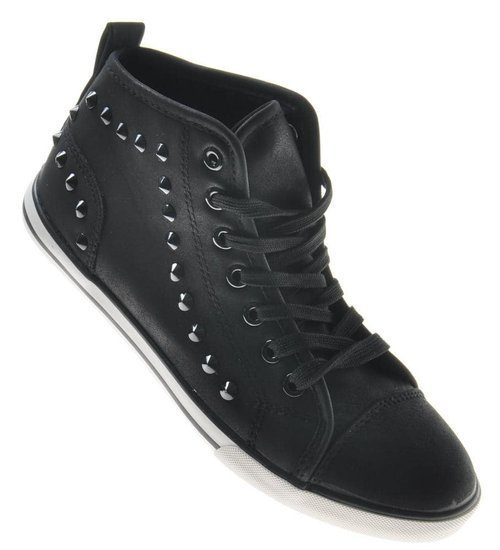 Wysokie modne trampki damskie czarne z dżetami /C7-3 7478 S098/