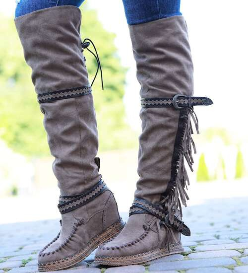 Wysokie kozaki boho na ukrytym koturnie Khaki /D2-1 14926  T239/