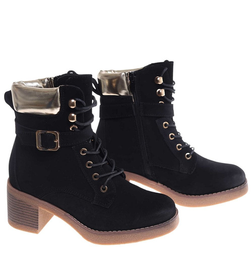 Czarne wiązane botki damskie zimowe /J5-2 18548 W2/