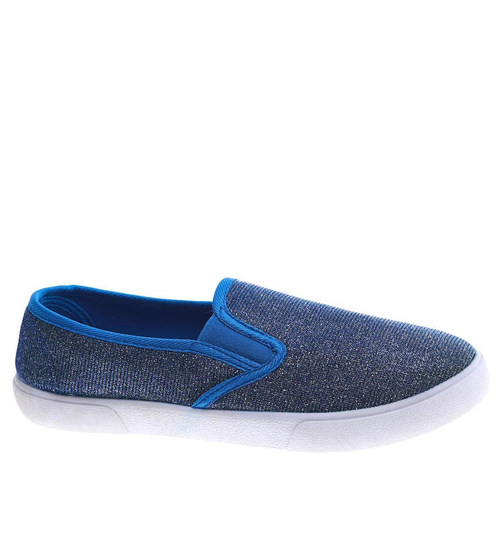 Granatowe tenisówki slip on z błyszczącej tkaniny /F7-2 13423 S079/