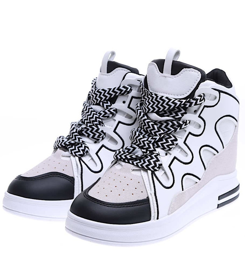 Sznurowane biało czarne trampki sneakersy na koturnie /F9-2 15779 D236/