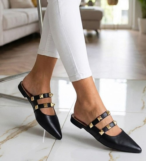 Czarne damskie klapki ze złotymi kolcami /D9-2 12168 T294