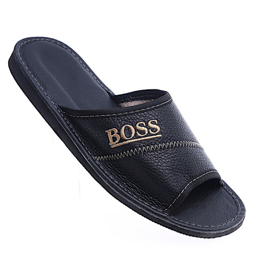 Skórzane męskie klapki domowe Czarne /F10-1 14251 S199/